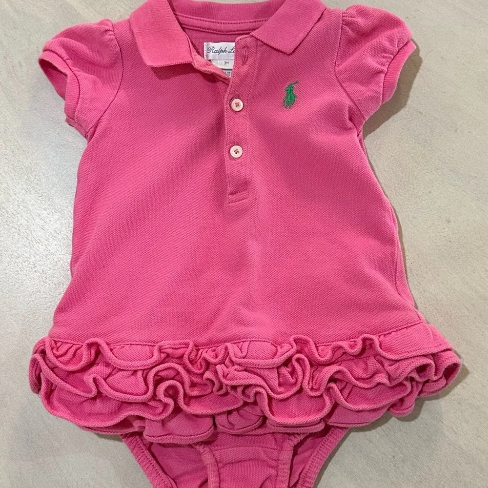 Ralph Lauren Pink Baby Polo Dress with Ruffles and matching Bloomers.